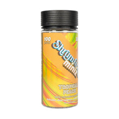 Shrumfuzed Miniz tropical peach label highlights ingredients and flavor details.