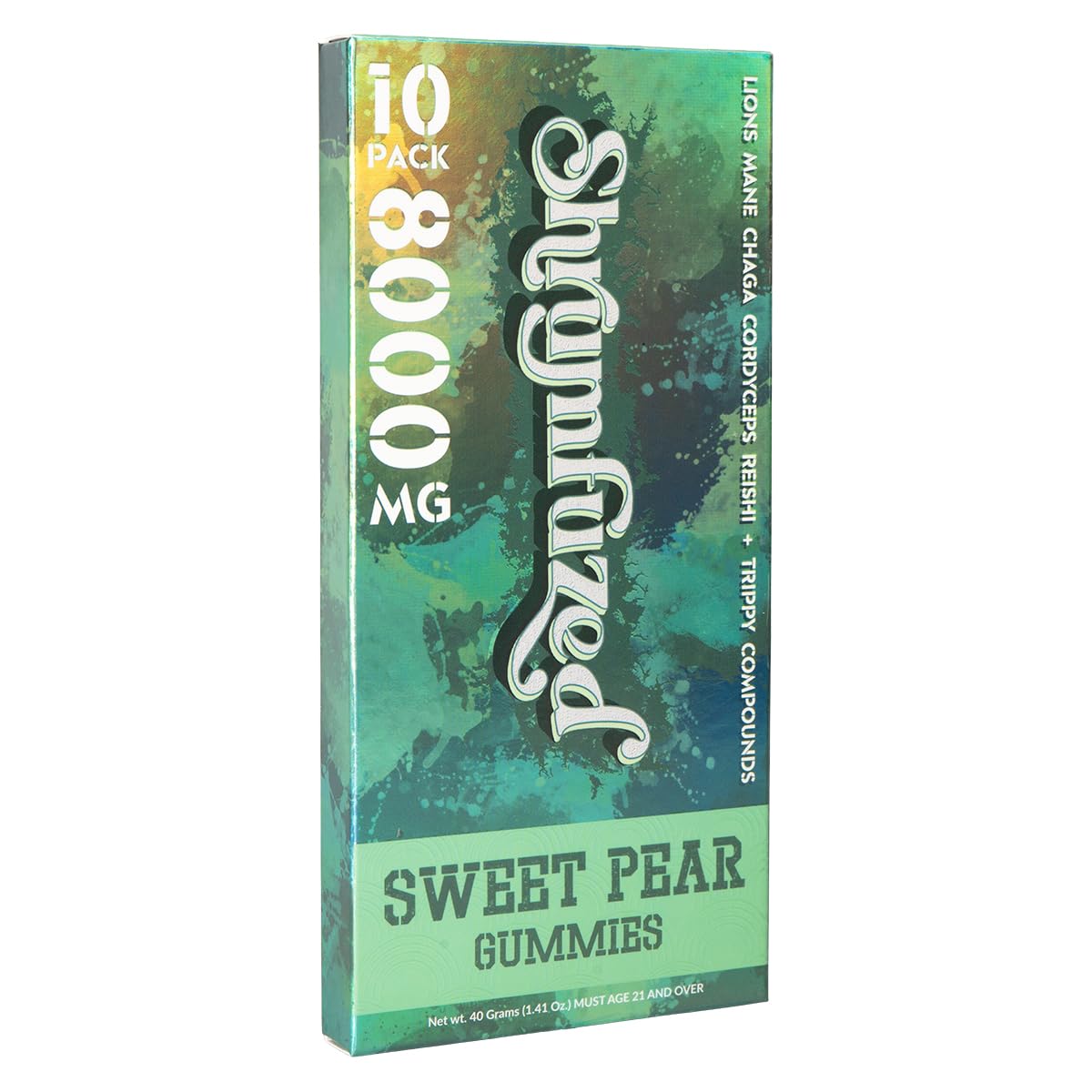 Shrumfuzed gummy pack beside glass emphasizes precise dosage and safety.