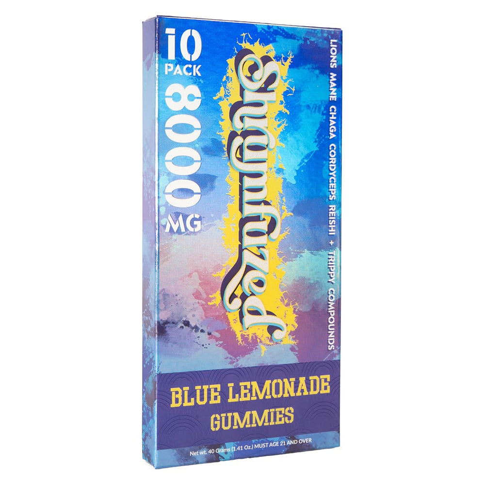 Shrumfuzed gummy close-up highlighting chewy texture and blue lemonade flavor