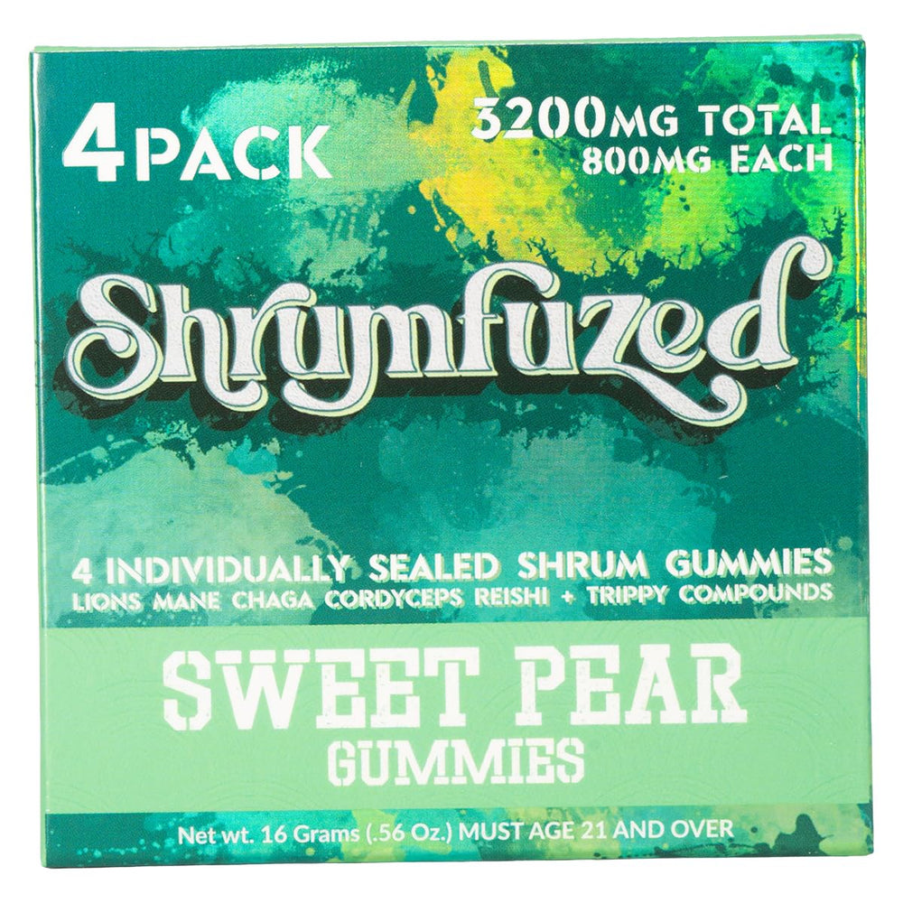Closeup of Shrumfuzed gummy bottle label highlighting mushroom blend for daily wellness