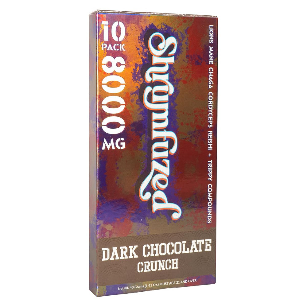 Shrumfuzed proprietary nootropic gummy dark chocolate crunch close-up for sustained focus.