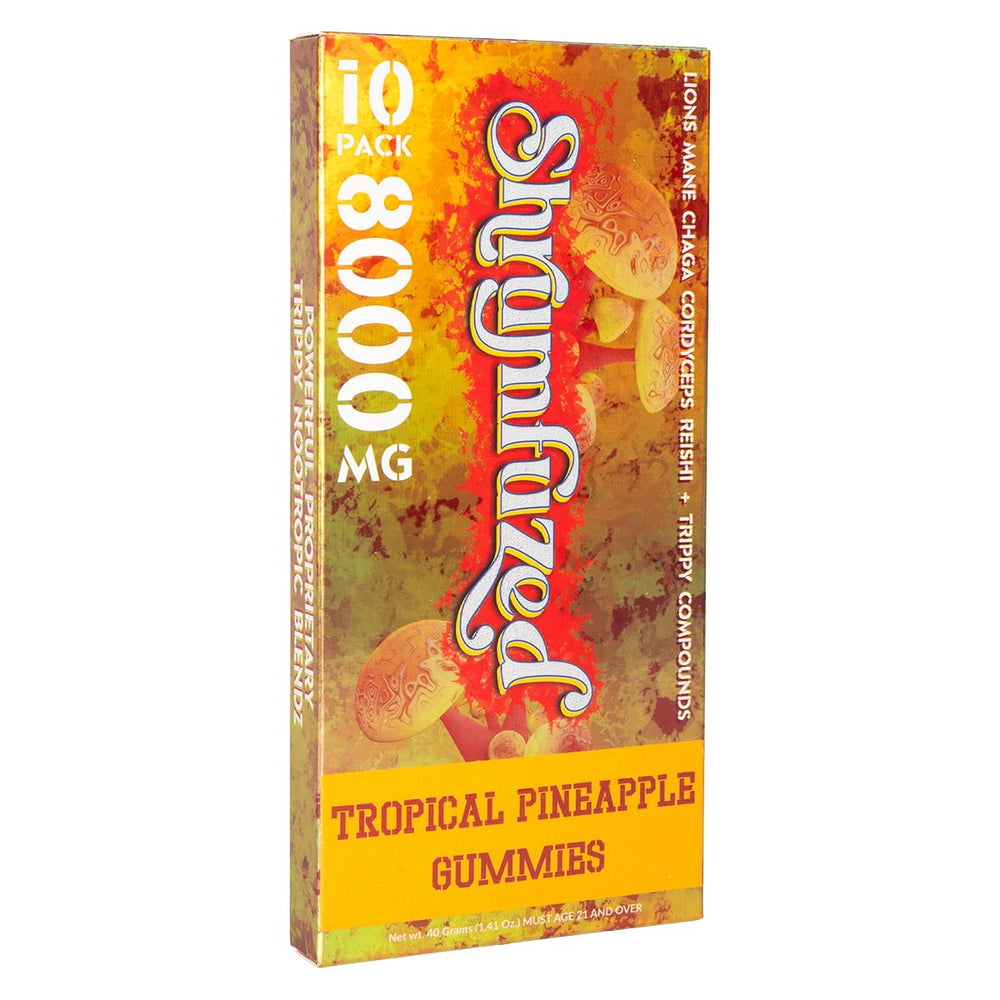 Shrumfuzed gummy label close-up highlights mushroom blend for mental clarity