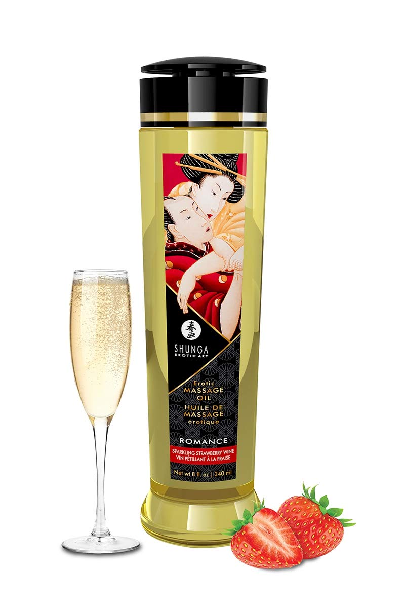Shunga Erotic Massage Oil Romance 240ml bottle pour, smooth glide and inviting fragrance for sensual massage