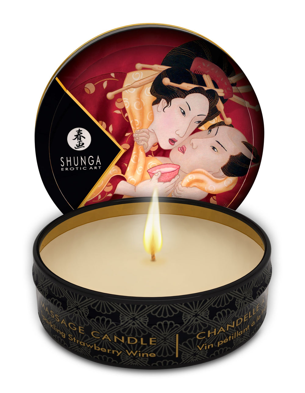 Shunga Massage Candle Sparkling Strawberry Wine ambient-candle glows to set mood.