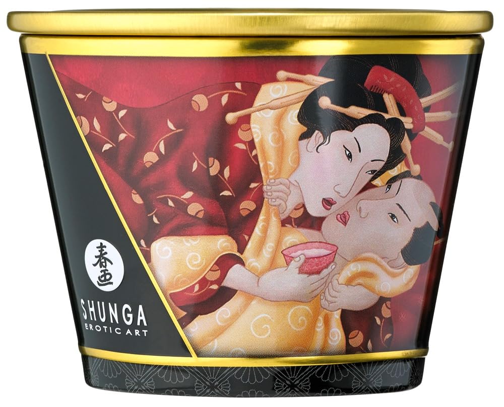 Shunga Massage Candle Sparkling Strawberry Wine pour oil application demonstrates massage ready warmth.