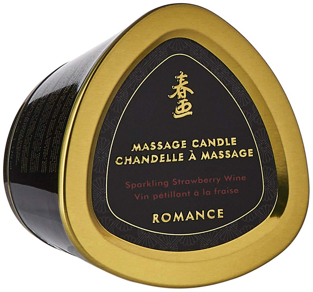 Shunga Massage Candle Sparkling Strawberry Wine product shot showcases natural oils for soft skin.