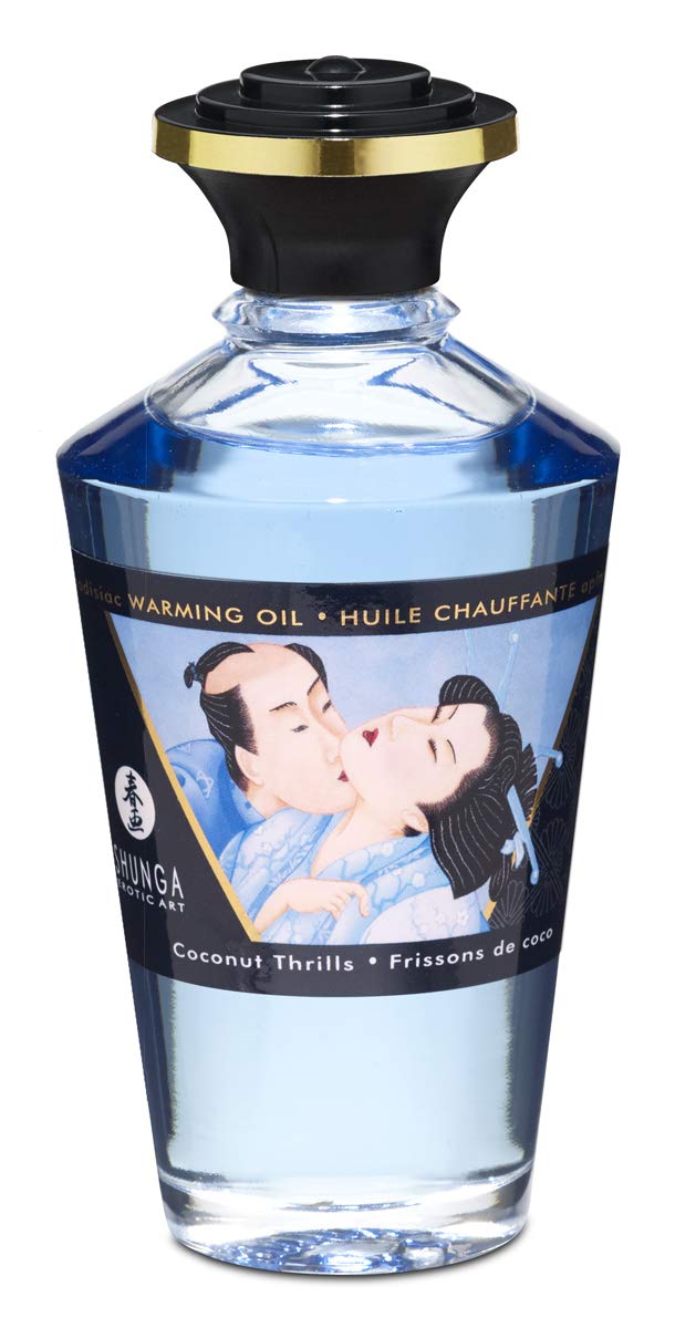 Shunga Warming Oil Coconut bottle close-up, highlighting coconut scent for mood-enhancing moments