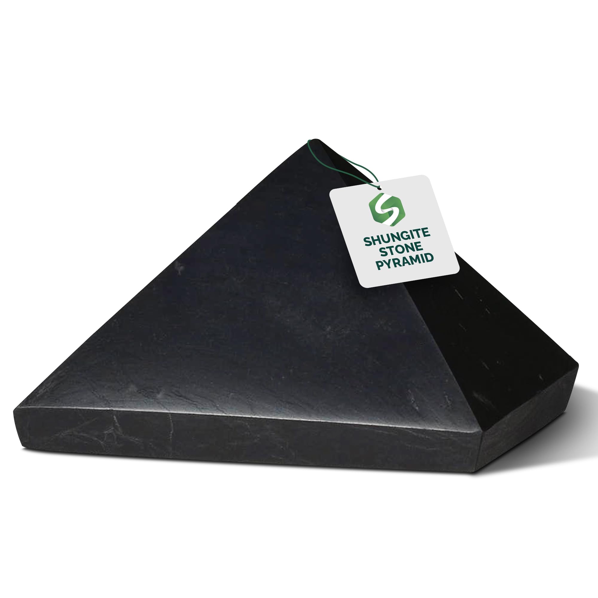 Shungite World authentic pyramid 40mm polished closeup showing energy balancing potential