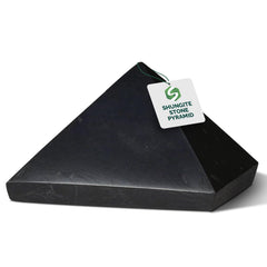 Shungite World authentic pyramid 40mm polished closeup showing energy balancing potential