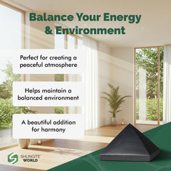 Shungite World pyramid in living room decor adds natural style and energy balance.