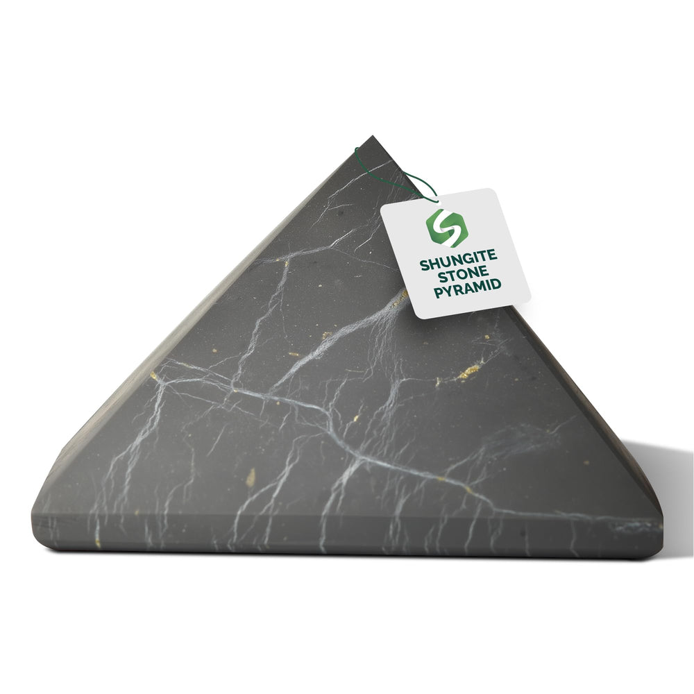 Shungite World authentic pyramid 70mm top view highlighting natural texture for energy balance