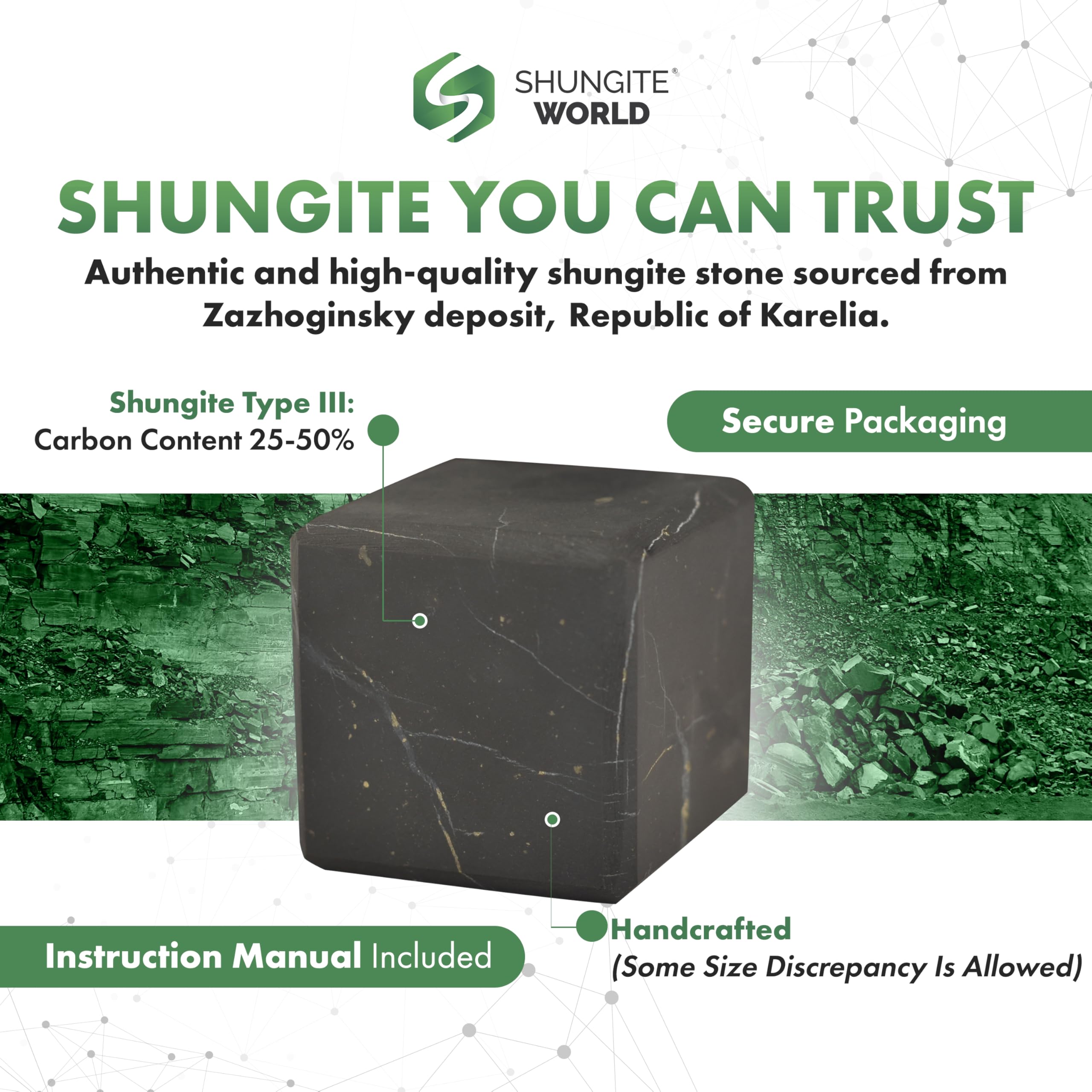 Shungite World crystal alignment cube — pairs well with hematite and rose quartz.