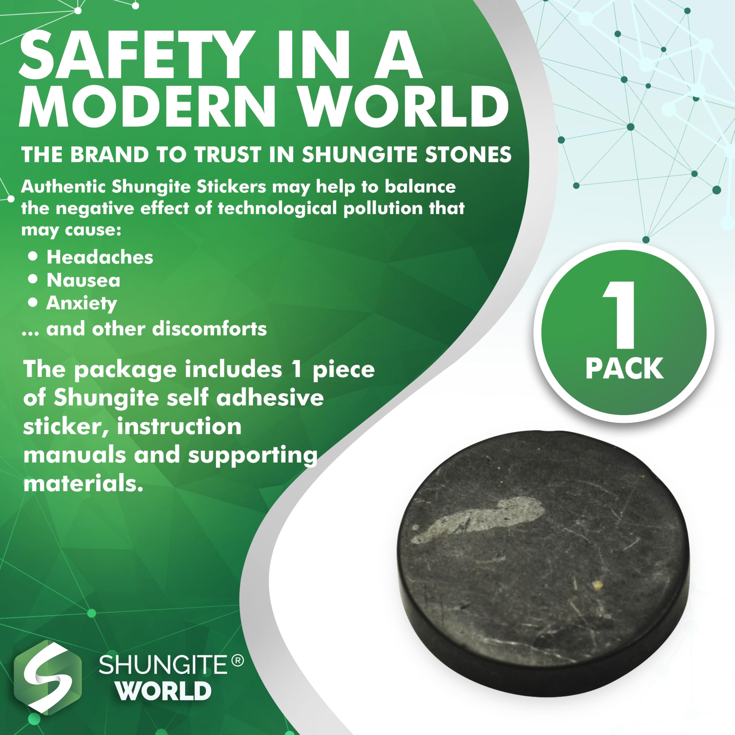 Karelia-origin Shungite World sticker detail highlighting natural texture and composition.