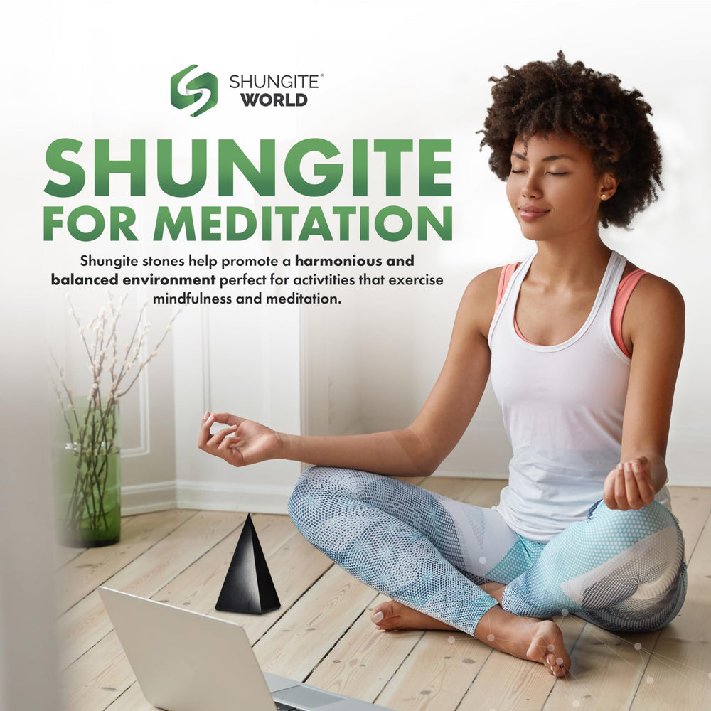 Shungite World Karelia-origin pure shungite pyramid showcases genuine material for grounding and harmony