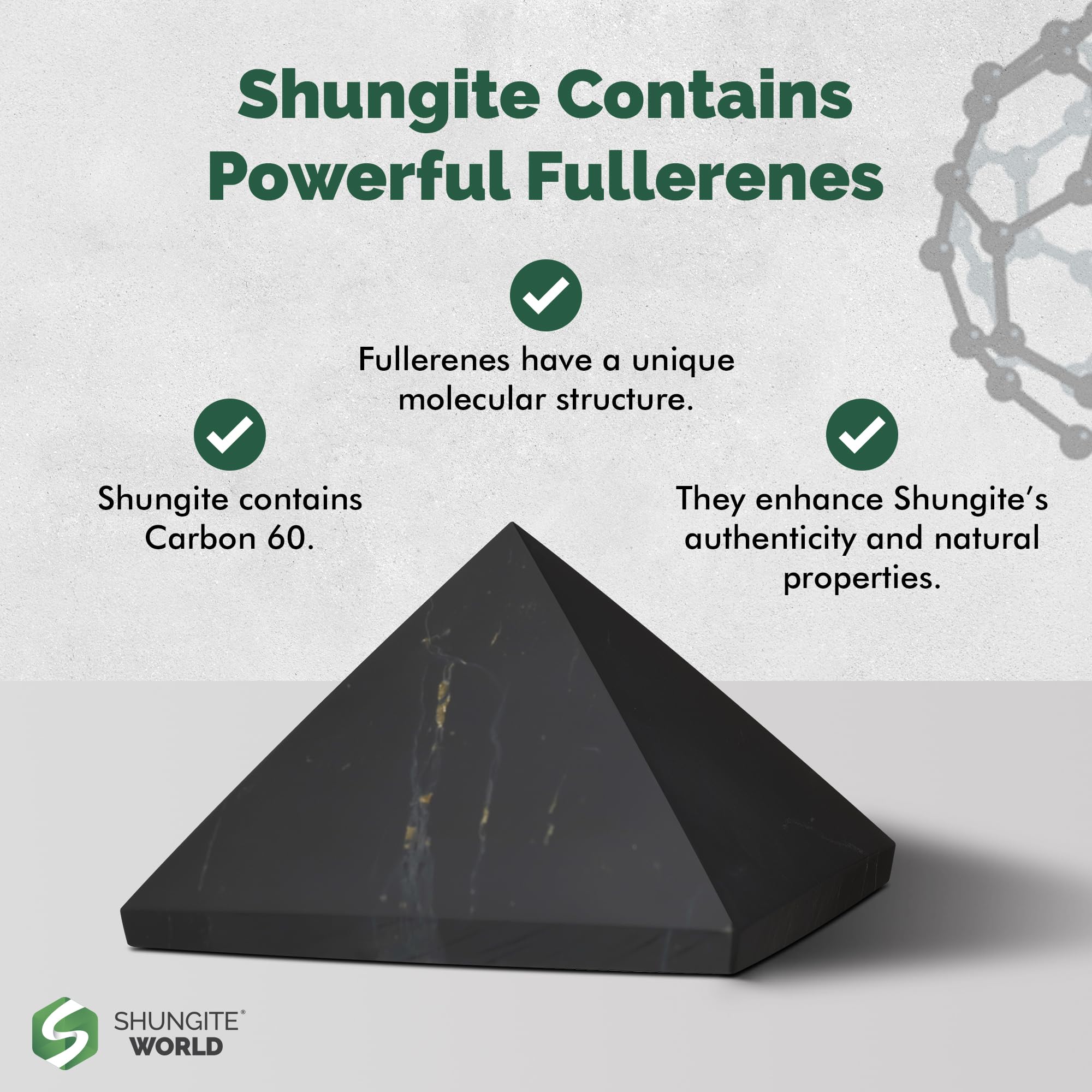 Shungite World Karelia-origin pyramid emphasizes natural mineral beauty.