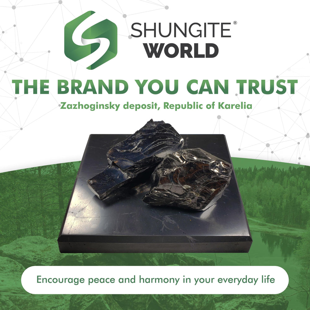 Shungite World crystal plate decor on a shelf or desk
