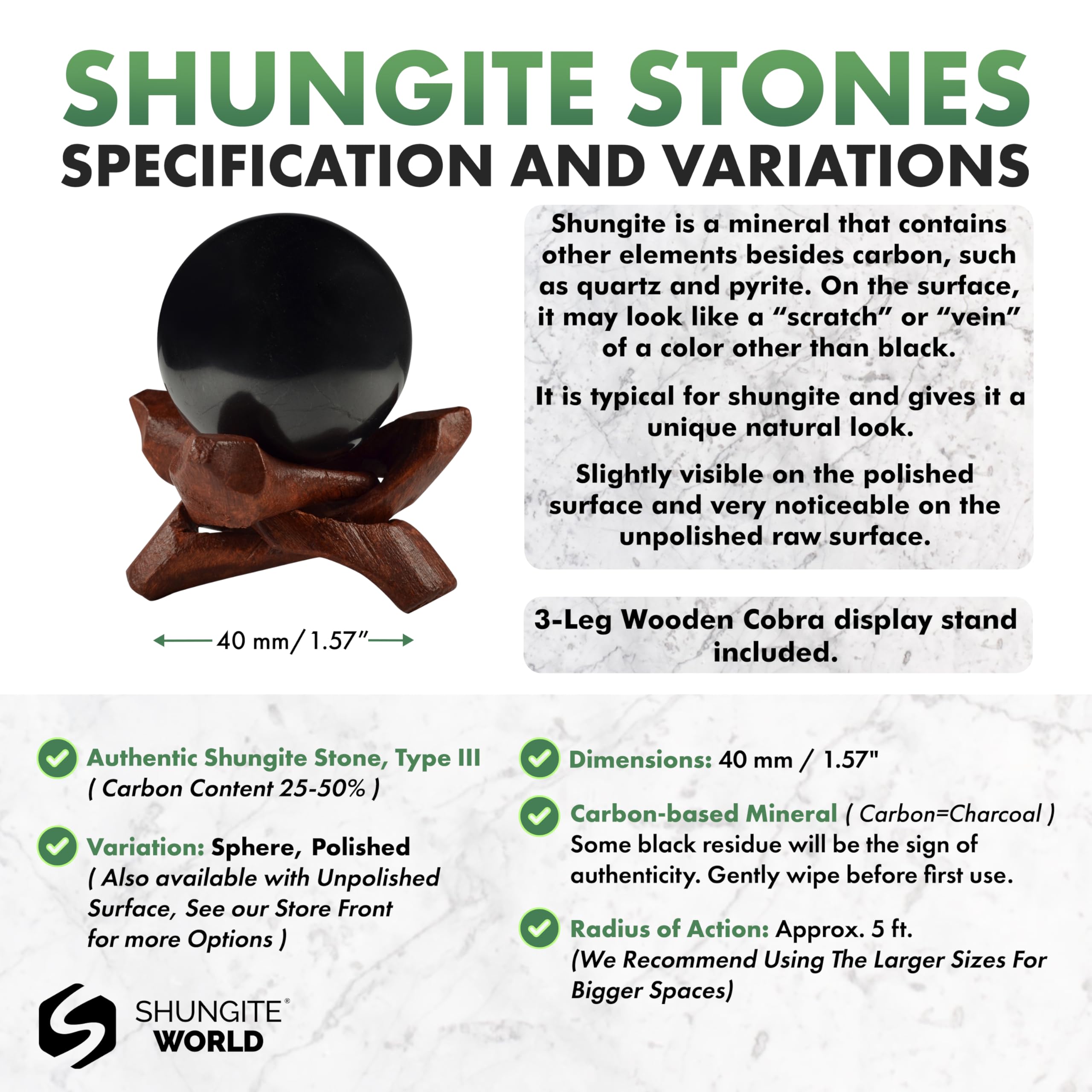 Shungite World polished 40mm sphere close-up shows natural texture and depth.