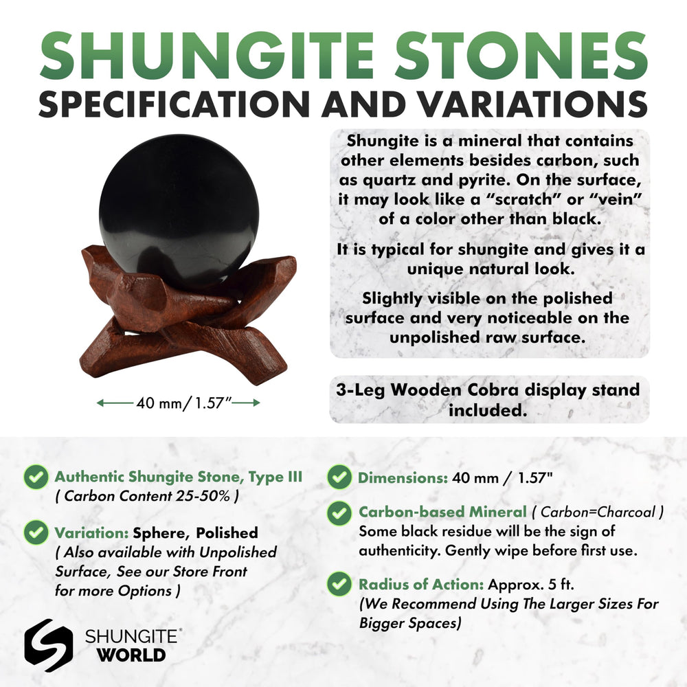 Shungite World polished 40mm sphere close-up shows natural texture and depth.