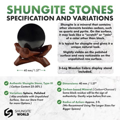 Shungite World polished 40mm sphere close-up shows natural texture and depth.