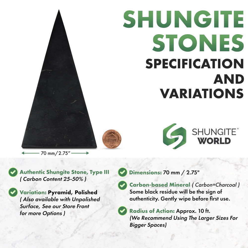 Shungite World polished pyramid 70mm enhances desk calm and focus.
