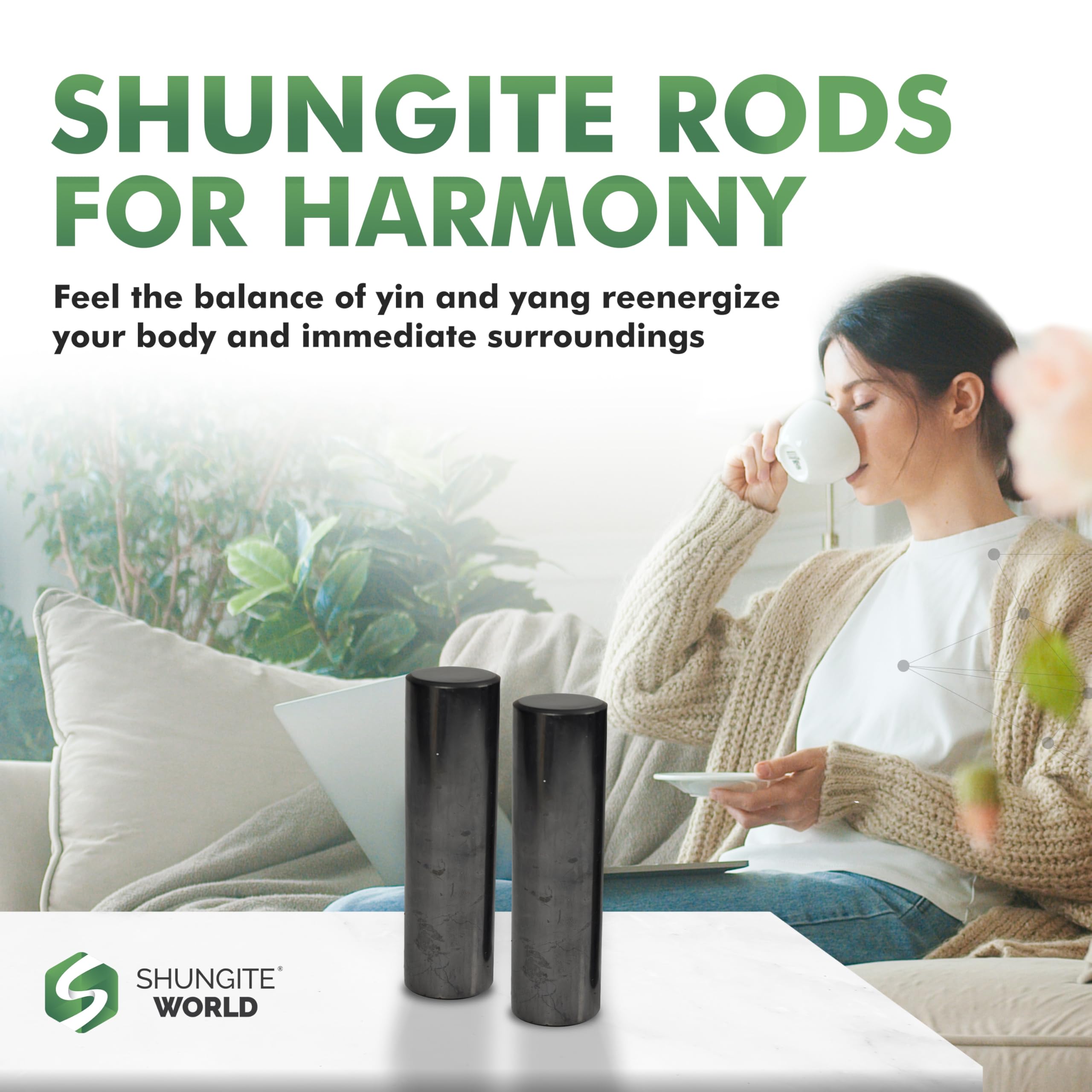 Shungite World pyramid-and-cylinder setup enhances harmony.