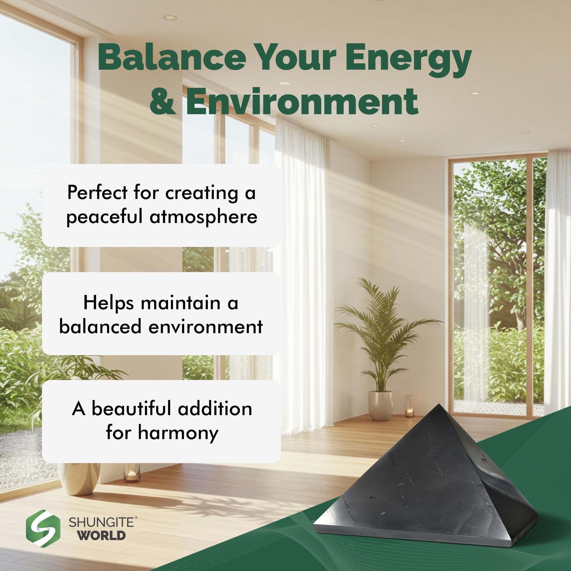 Shungite World pyramid in bedroom decor fosters calm ambience and mindful rest.