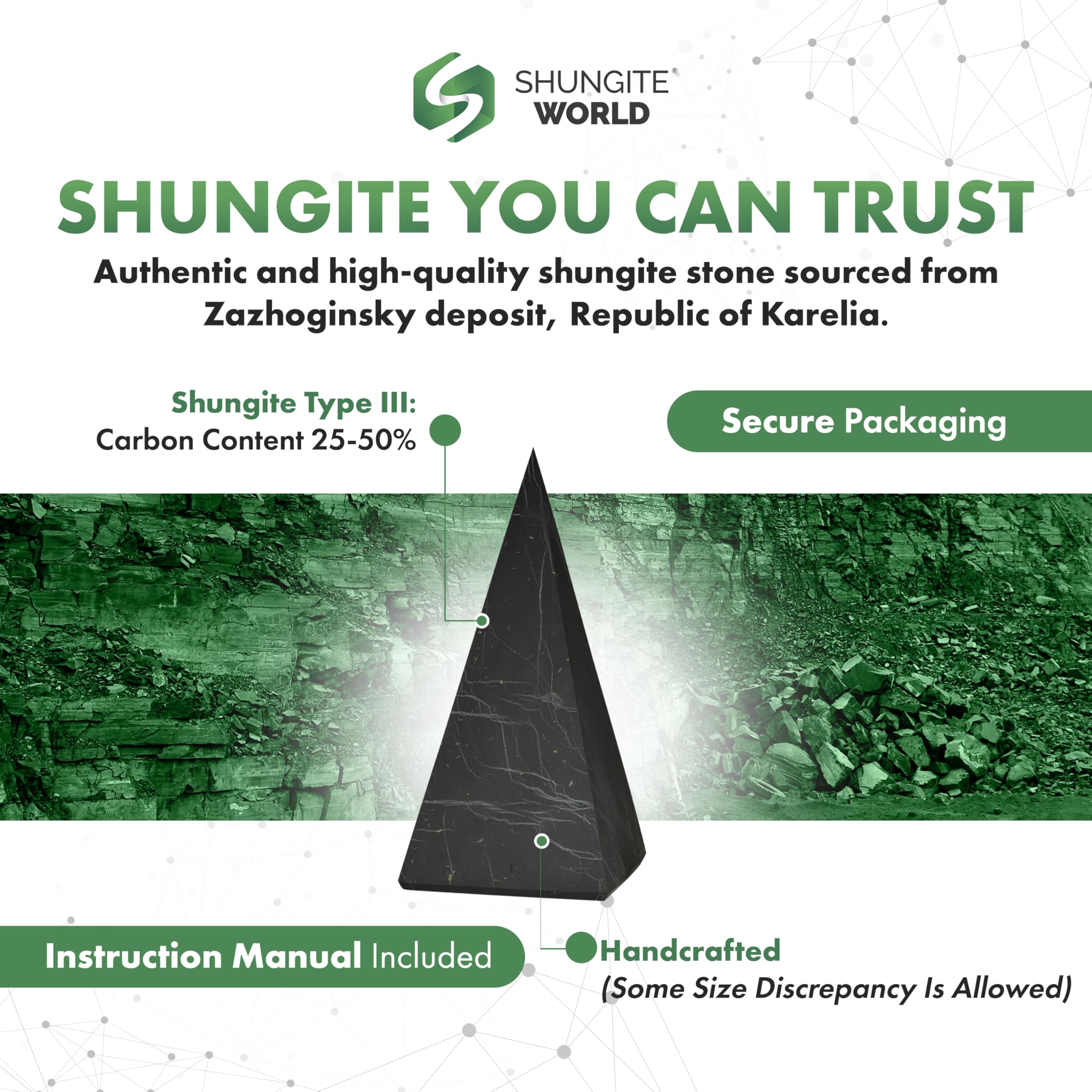 Shungite World authentic pyramid on bedside table fosters restful sleep and grounding.
