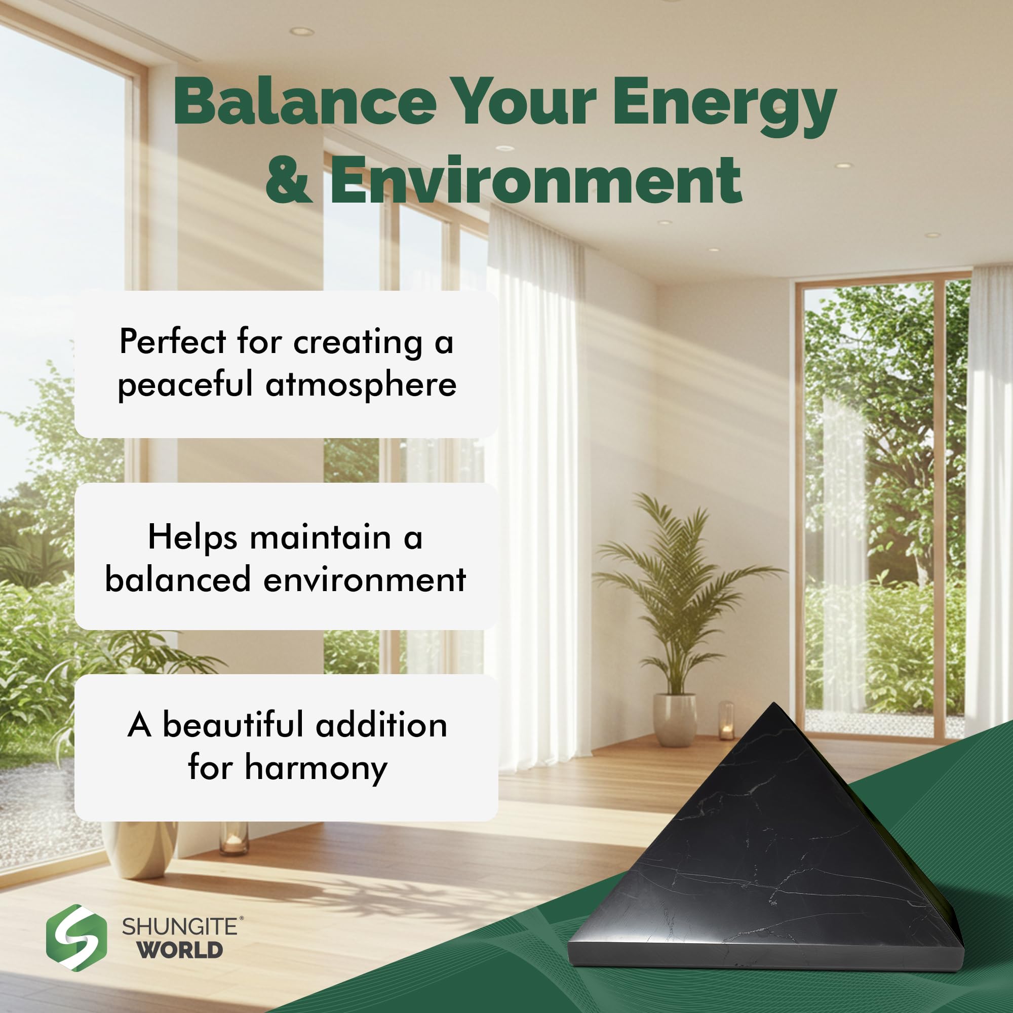 Shungite World bedroom grounding pyramid for restful ambiance.