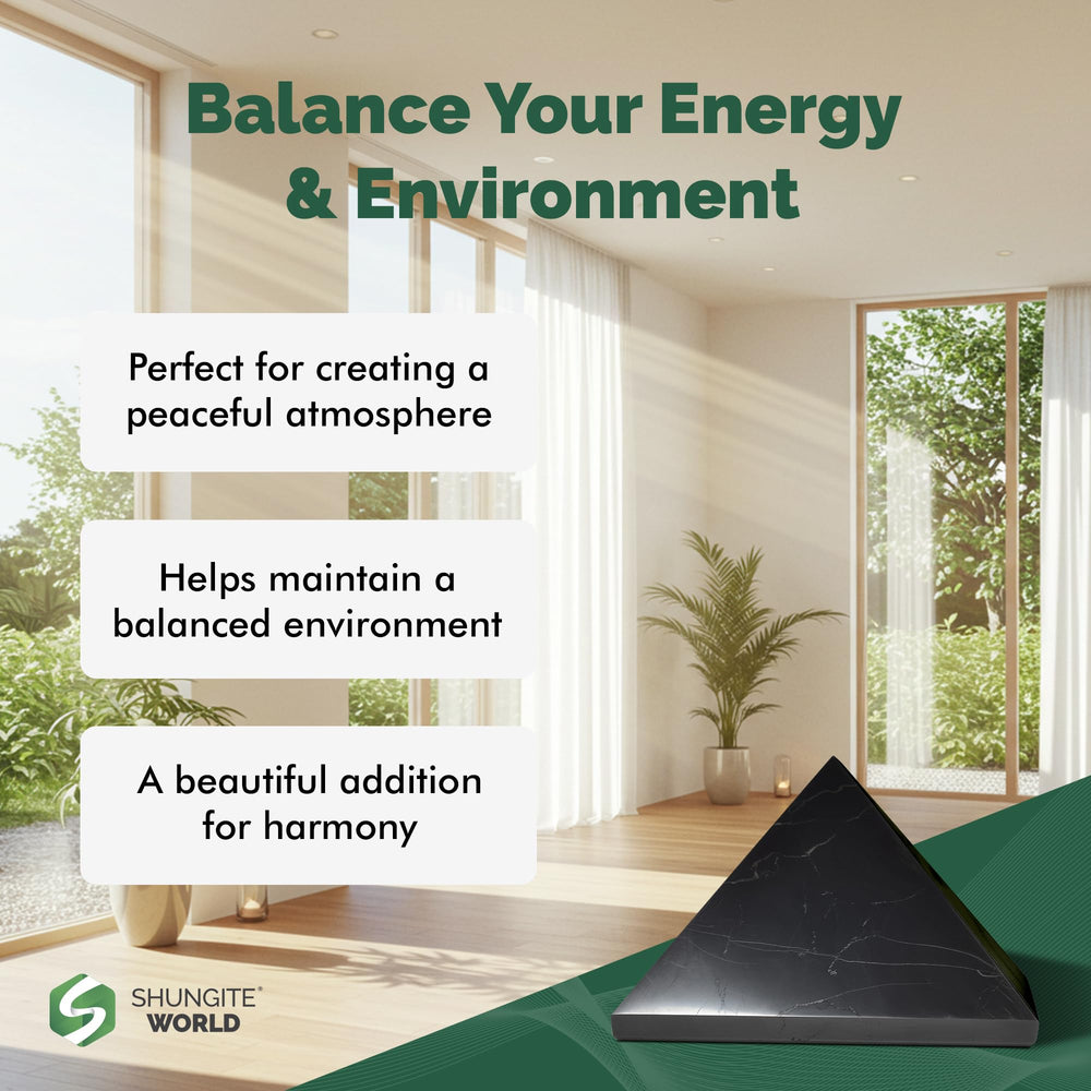 Shungite World bedroom grounding pyramid for restful ambiance.