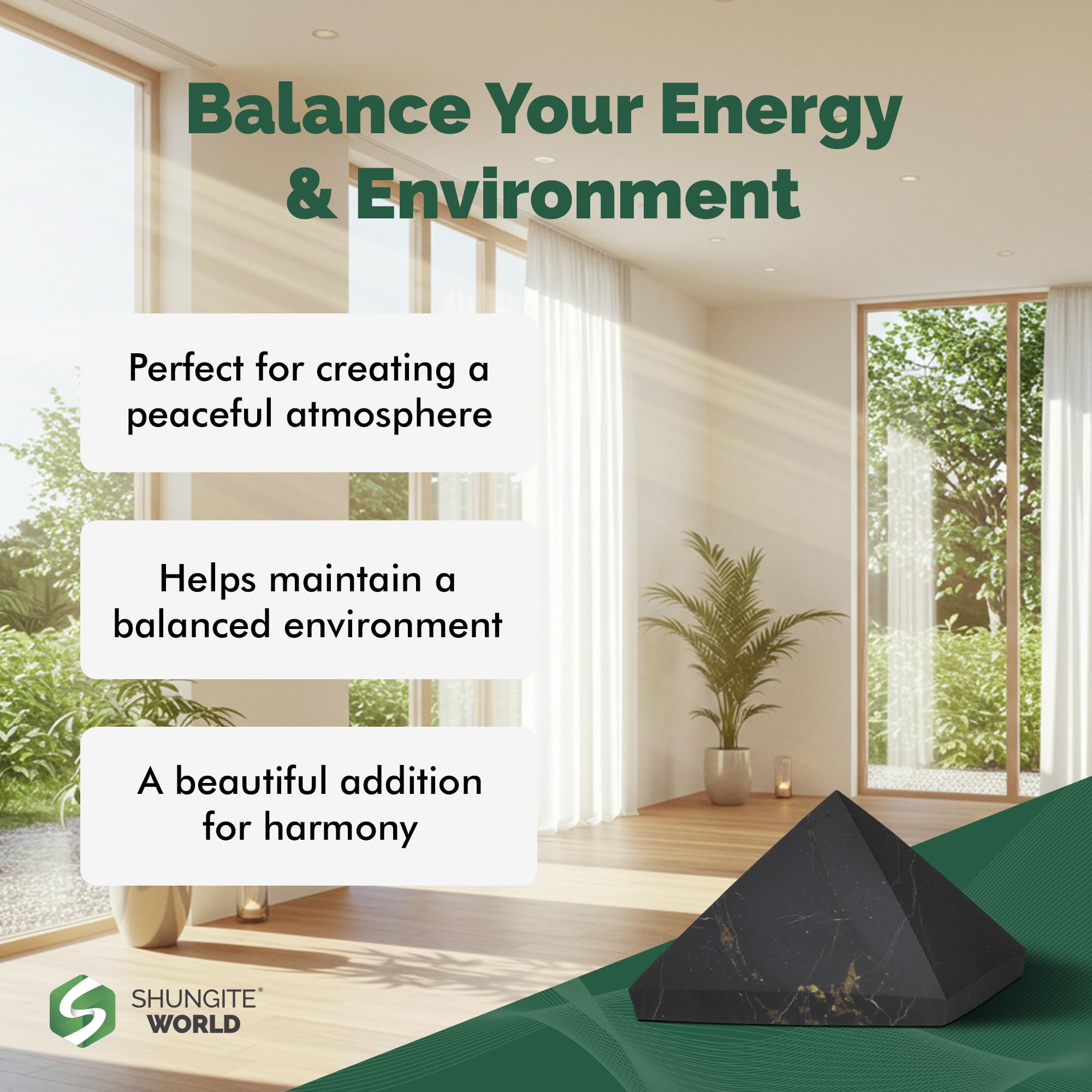 Shungite World pyramid in bedroom promotes mindful rest and calm.