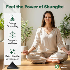 Shungite World pyramid on desk promotes focus and calming ambiance.