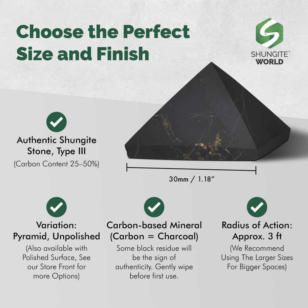 Shungite World pyramid on computer desk supports grounding during long work.