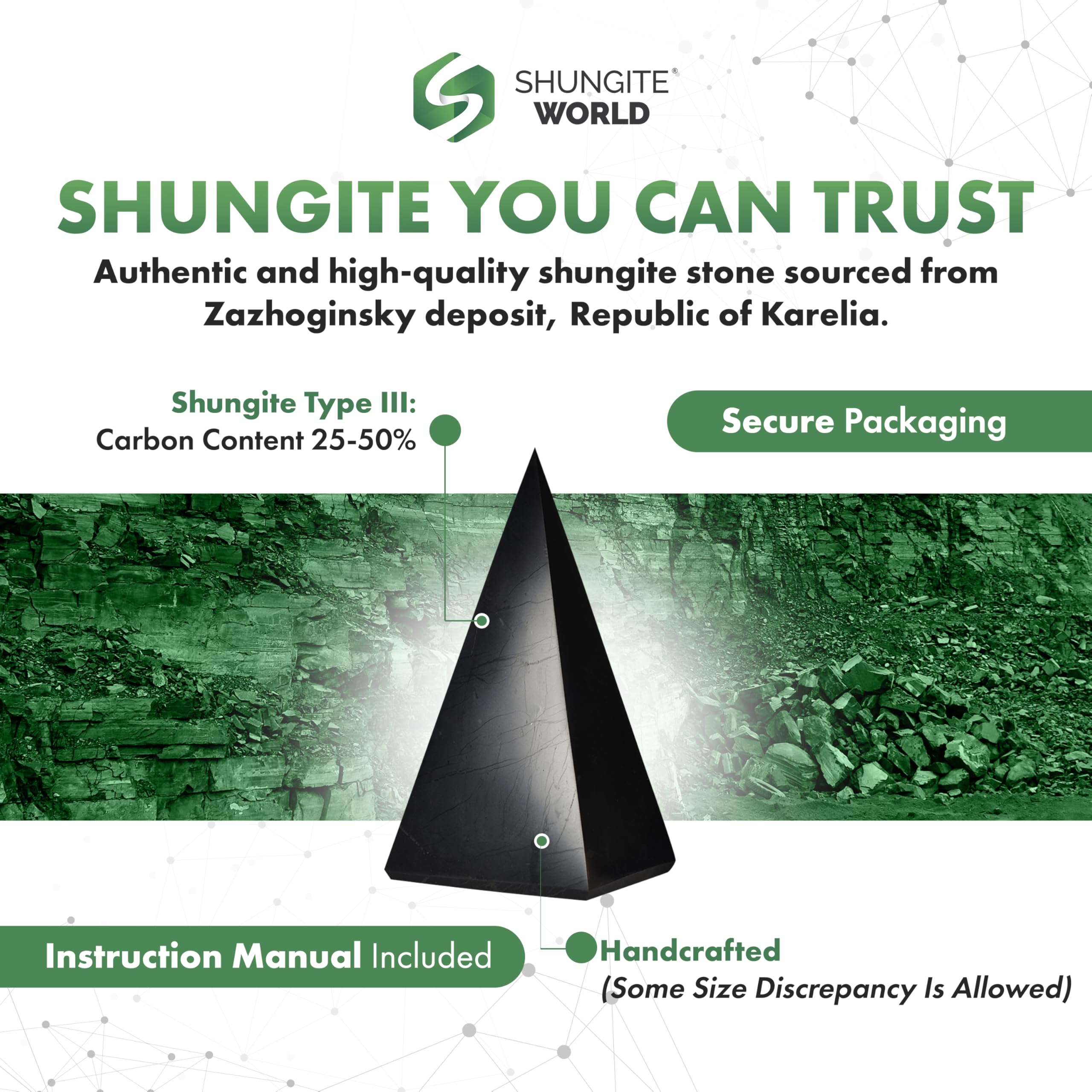 Shungite World pyramid desk setup shows polished finish for stylish energy balance.