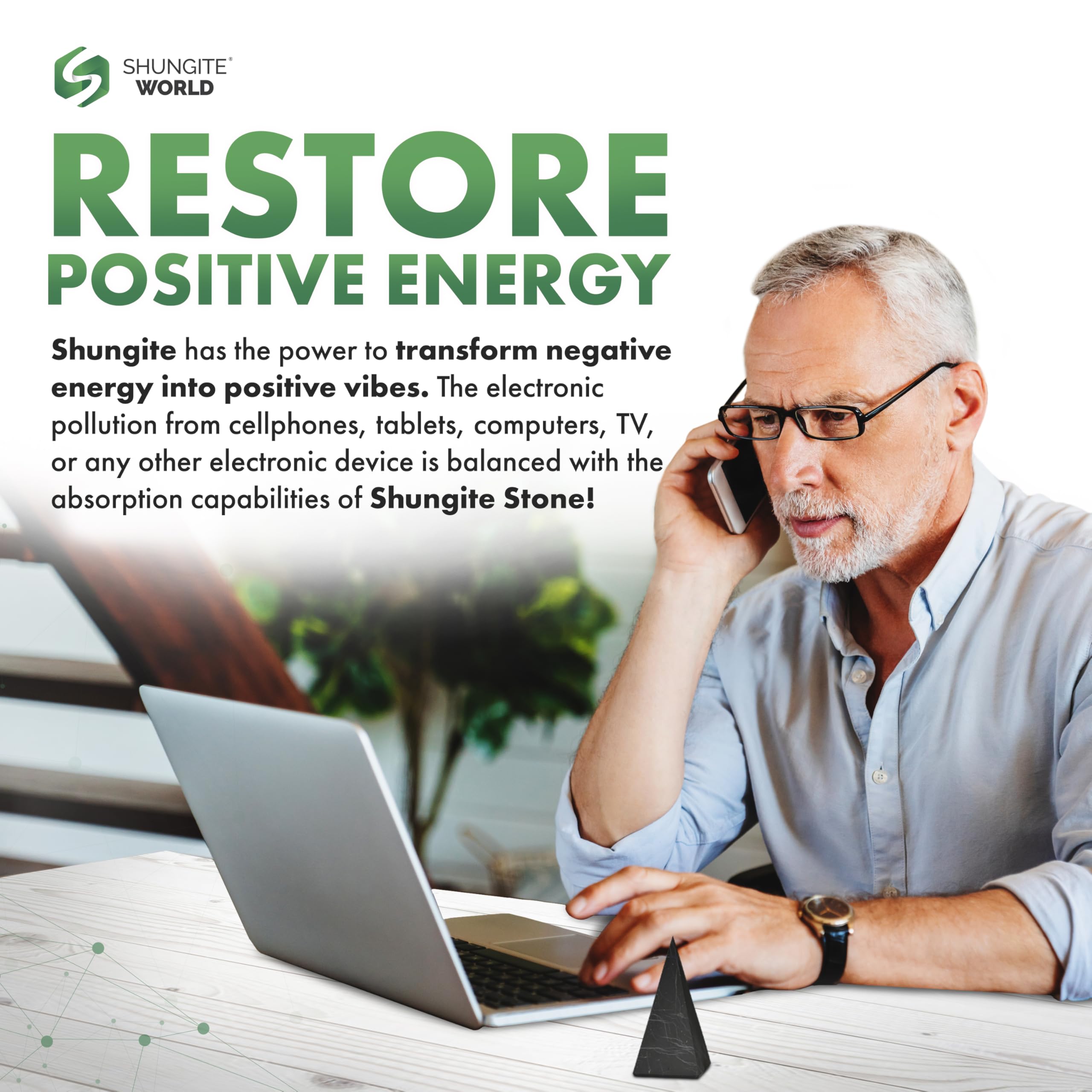 Shungite World pyramid energy radiance supports study and work spaces.