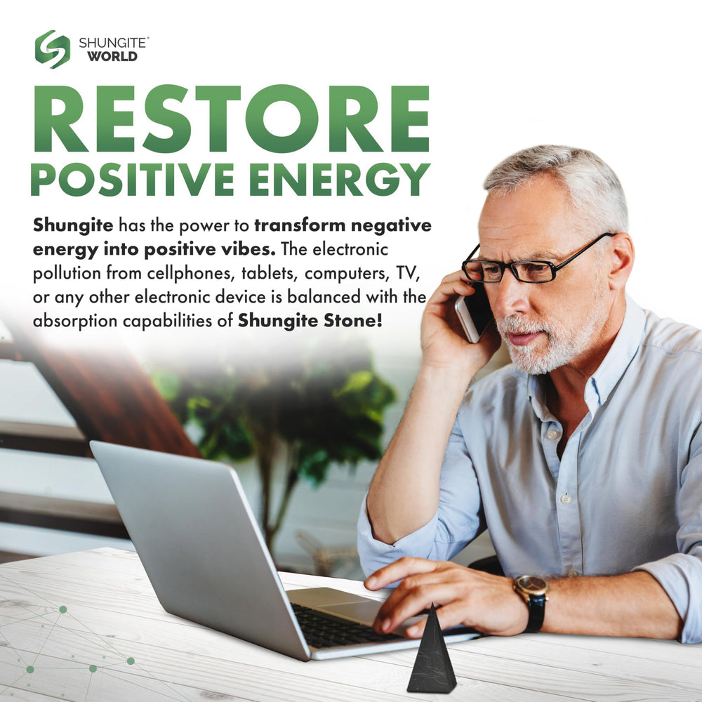 Shungite World pyramid energy radiance supports study and work spaces.