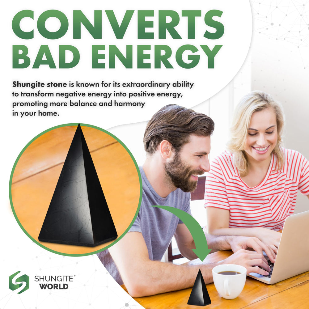 Shungite World pyramid gift-ready display elevates home decor with protective symbolism