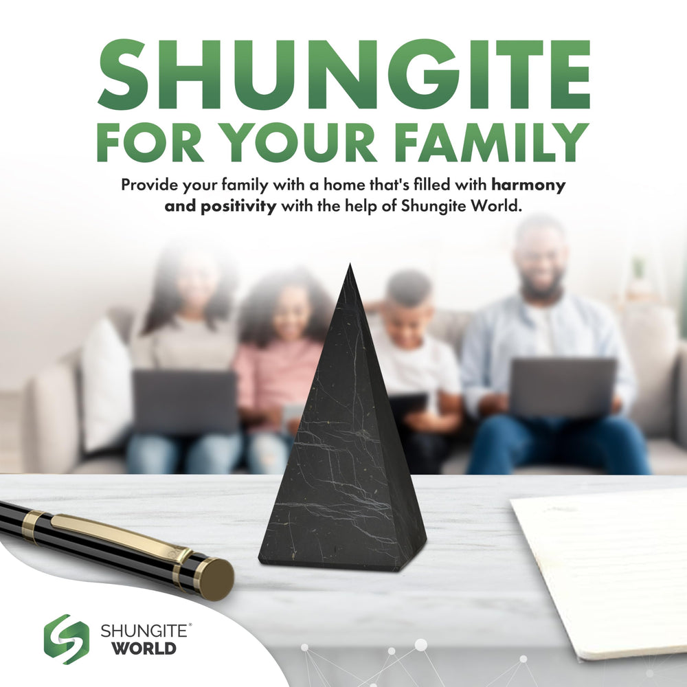 Shungite World meditation altar pyramid aiding grounding during practice.