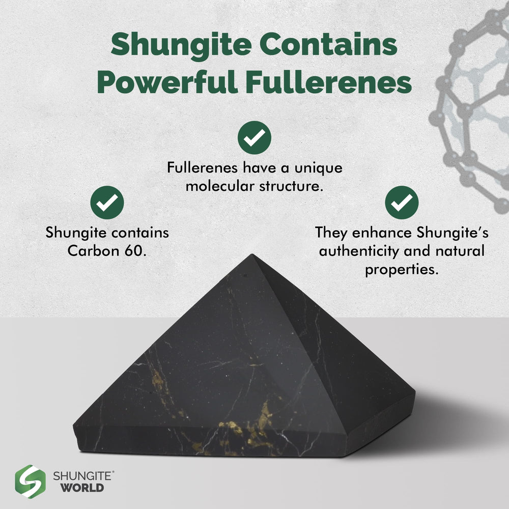 Shungite World unpolished pyramid showcases natural surface for tactile feel.