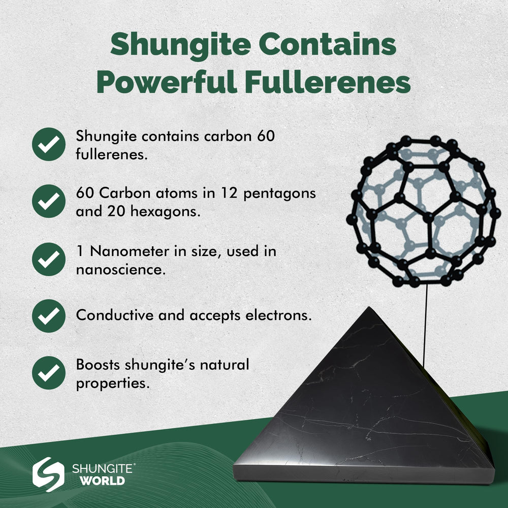 Shungite World black pyramid stone enhances space with natural elegance.