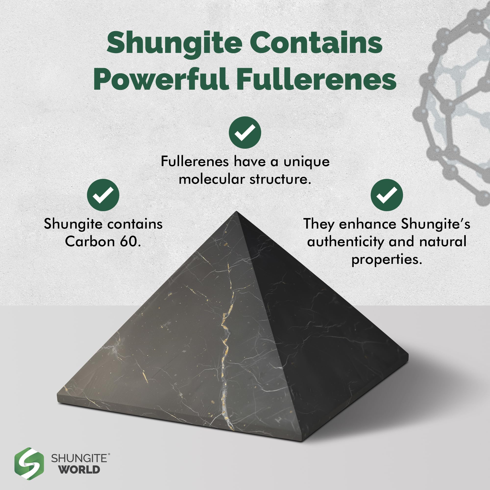 Shungite World pyramid with crystals adds decorative zen ambiance.
