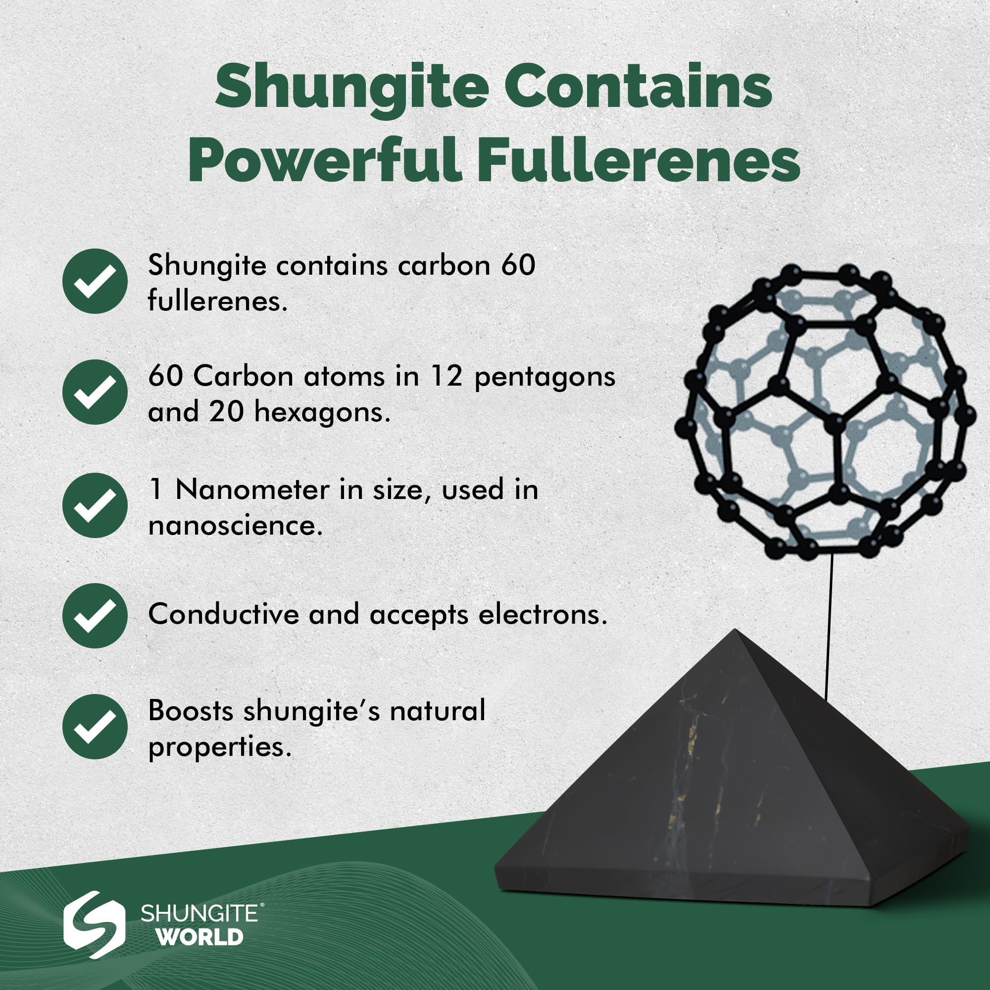 Shungite World pyramid with crystals creates harmonious Zen display.