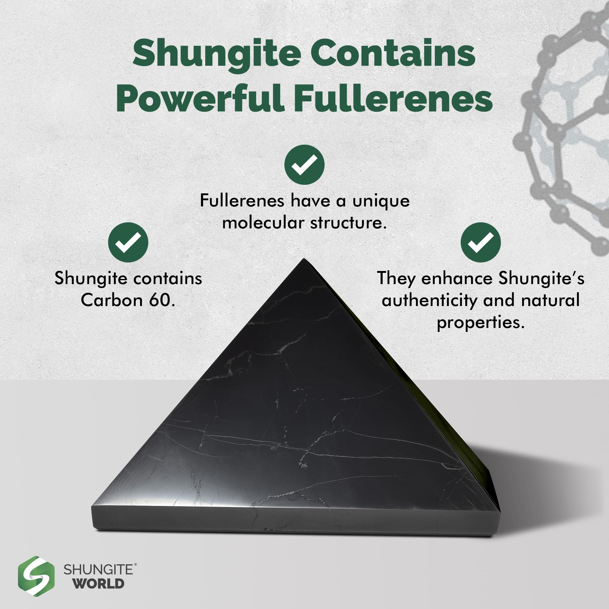 Shungite World pyramid complements crystal sets for energy focus rituals.
