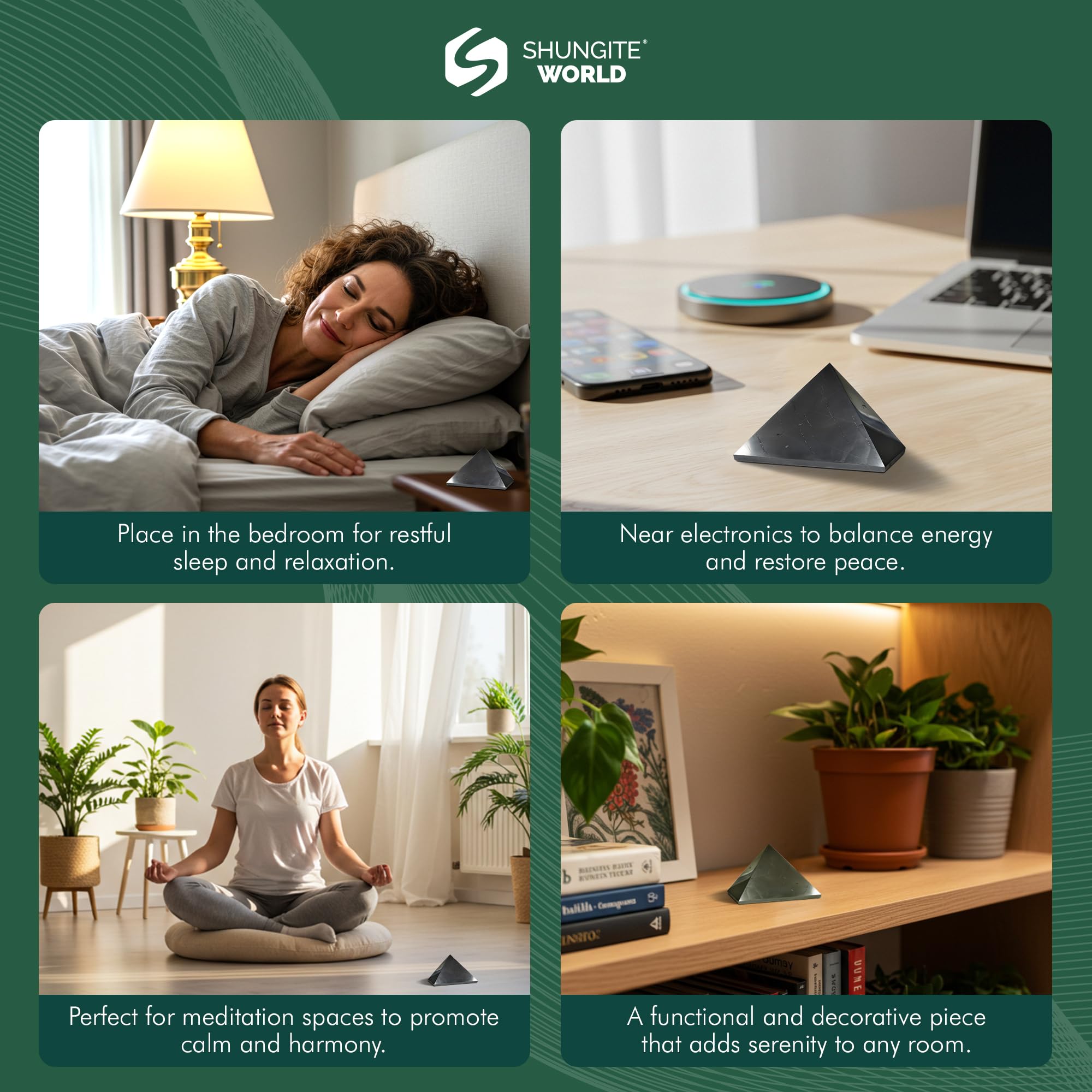 Shungite World pyramid on workspace shelf signals clutter-free, focused productivity.