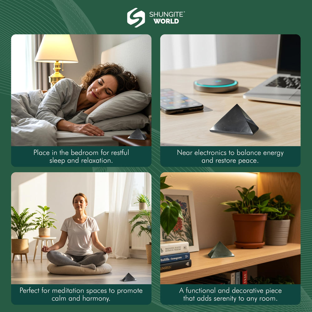 Shungite World pyramid on workspace shelf signals clutter-free, focused productivity.