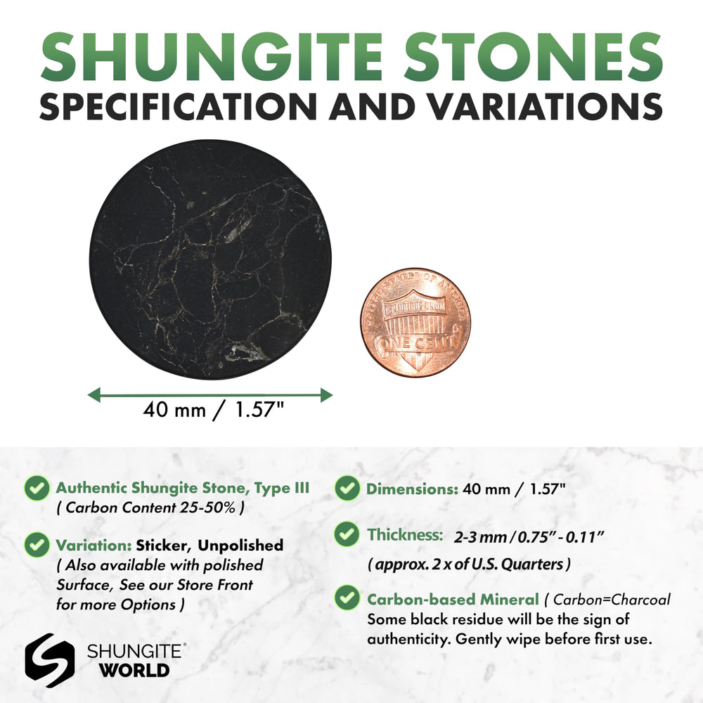 Shungite World self-adhesive sticker close-up on phone for calm daily use.
