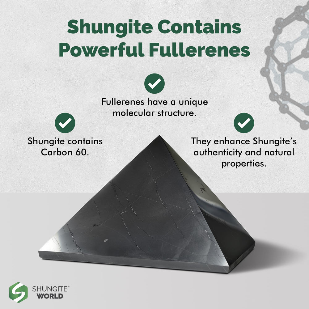 Shungite World polished black pyramid highlights natural material and heritage.