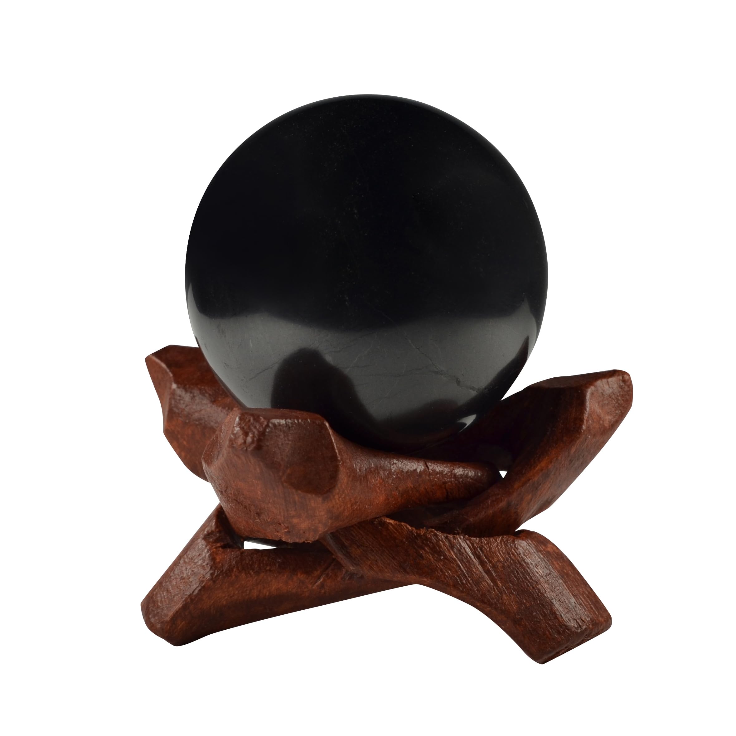 Shungite World sphere 40mm with stand on desk for grounding energy.