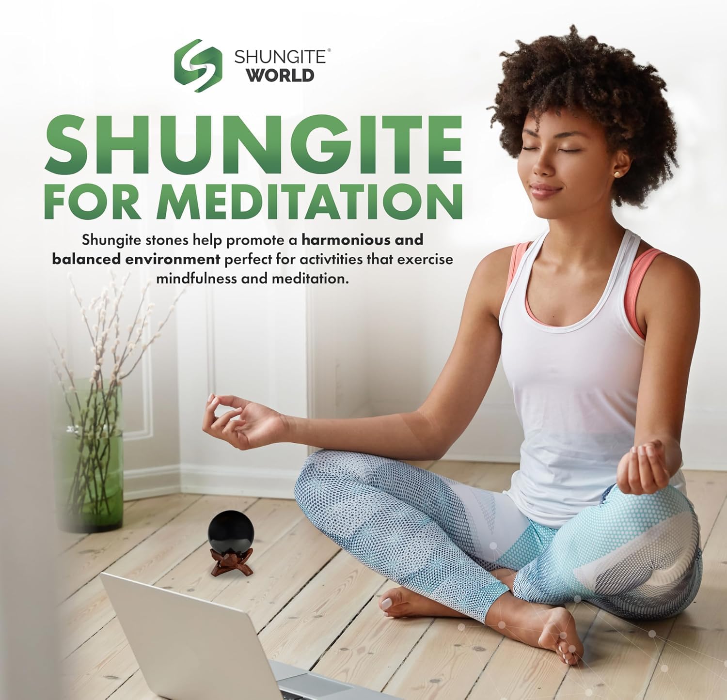 Shungite World sphere in room setting enhances ambient energy.