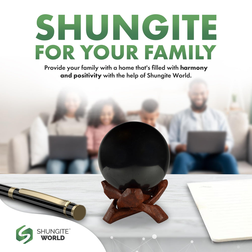 Shungite World sphere with stand sits securely on shelf.