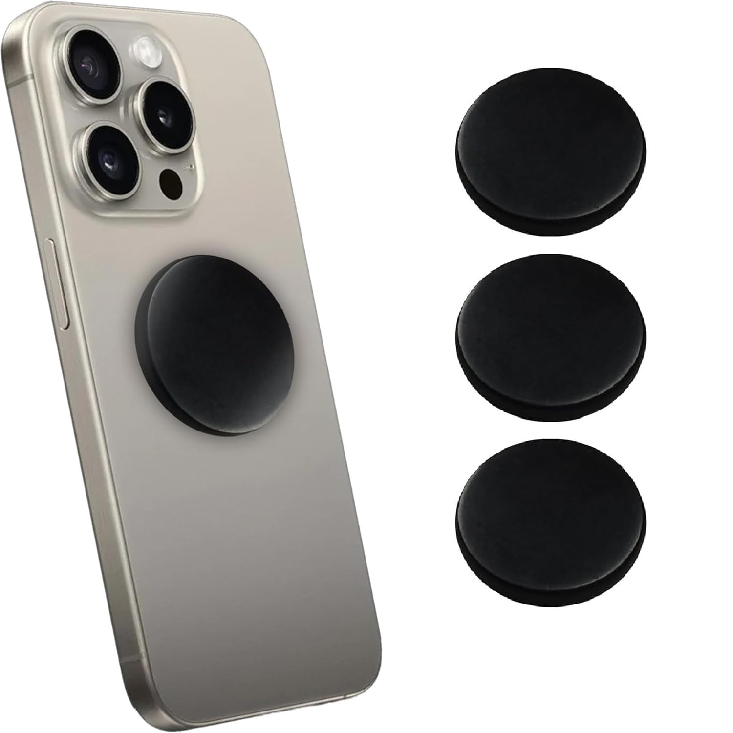 Shungite World 50 mm polished sticker plate on device for protective energy.